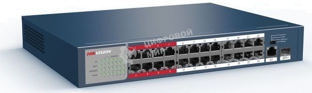 Неуправляемый коммутатор. 24 RJ45 100M PoE с грозозащитой 6кВ, 1 Uplink 1000М, 1 Uplink 1000М SFP, бюджет PoE 230Вт, CAT5e, пропускная способность 8.8 Гб/с, стандарты PoE IEEE802.3af, IEEE802.3at, 100-240 VAC, 4A, -10...+55C
