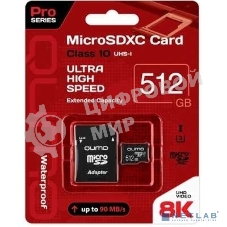 Флеш карта QUMO MicroSDXC 512 Gb 90/80 МБ/с UHS-I U3, Pro seria 3.0, адаптер в комплекте SD, красная картонная упаковка