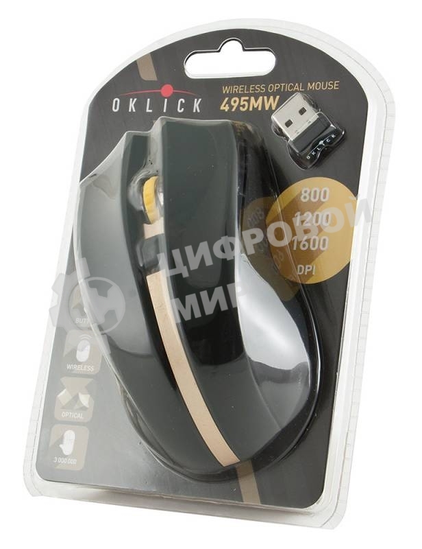 Мышь беспроводная Oklick 495MW черный/золотистый, 1600 dpi, радиоканал, USB, кнопки - 6