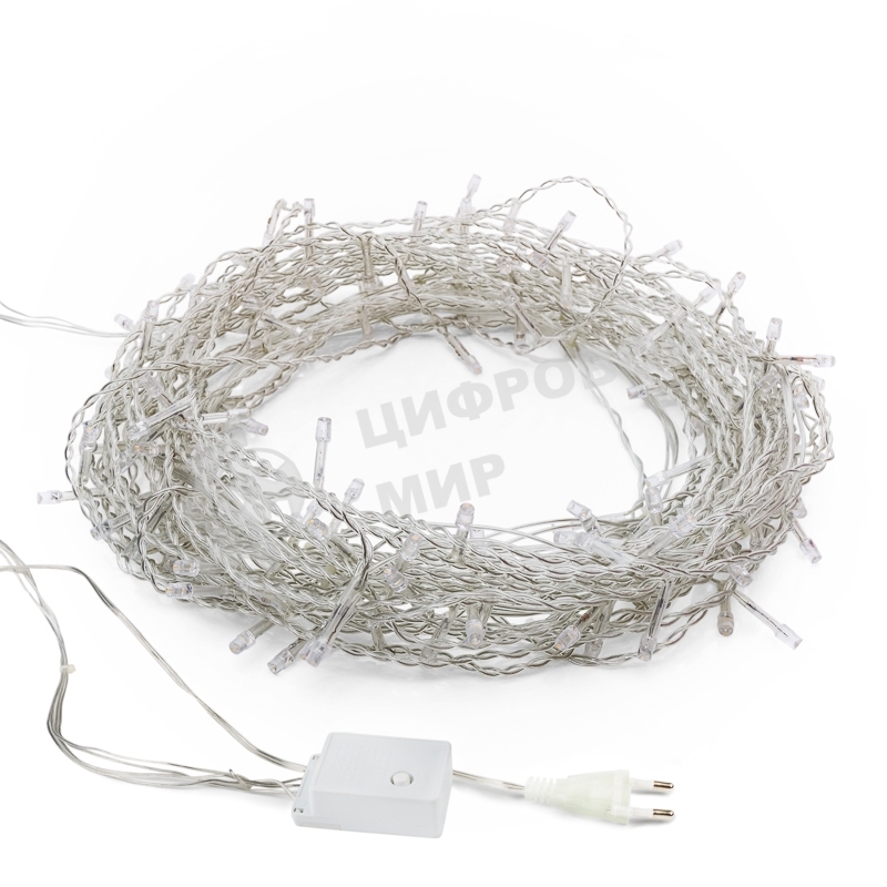 Гирлянда светодиодная универсальная 100 LED БЕЛЫЙ 10 метров, прозрачный ПВХ, с контроллером