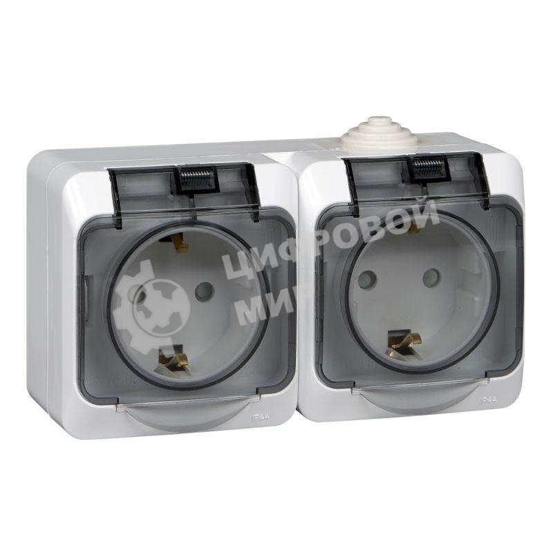 Розетка 2-м ОП Этюд с заземл. защ. шторки IP44 белый SchE PA16-244B