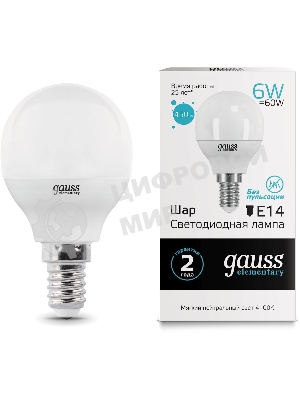 Лампа светодиодная Gauss Elementary 6Вт цок.: E14 шар 220B 4100K св. свеч. бел. ней. (упак.: 10 шт)