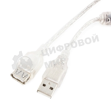Кабель-удлинитель USB2.0 Pro Cablexpert CCF-USB2-AMAF-TR-0.75M, AM/AF, 0,75м, экран, 2феррит.кольца, прозрачный, пакет