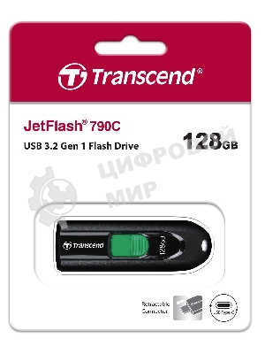 Флешка USB Transcend JetFlash 790C (TS128GJF790C), 128Gb, USB 3.2, R/W 90/60, черный/зеленый