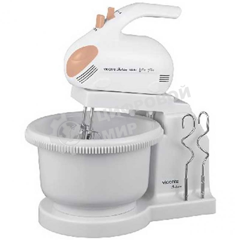 Миксер Viconte VC-354 Patrice с вращающейся чашей, 350W, 5 скоростей работы, кнопка извлечения насадок, двойной набор насадок: два венчика для взбивания яиц и кремов, две насадки для размешивания тяжелого теста, смешивание жидкостей, замешивание теста, приготовление пюре, взбивание сливок и белков.