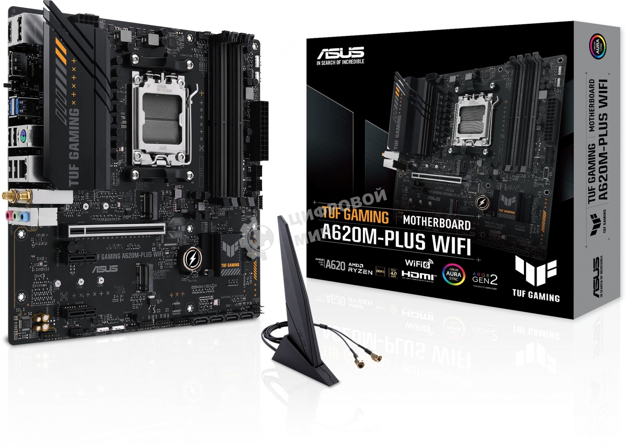 Материнская плата ASUS TUF GAMING A620M-PLUS WIFI, AM5, AMD A620, 4xDDR5, 4xSATA, 2xM.2, 1xPCIe 4.0 x16, 2xPCIe x1, 2xDP, 1xHDMI, 1x 2.5Gb LAN, 4xUSB-A 2.0, 2xUSB-A 3.2 Gen 1, 3x3.5 мм, 7.1, mATX