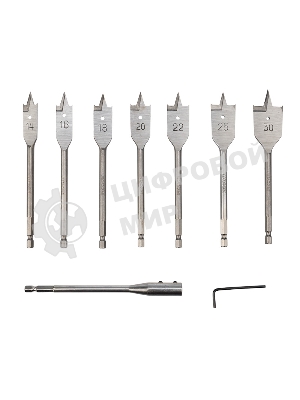 Набор сверл перовых по дереву Kranz 9 предметов: 14-16-18-20-22-25-30х152 мм, удлинитель, ключ угловой