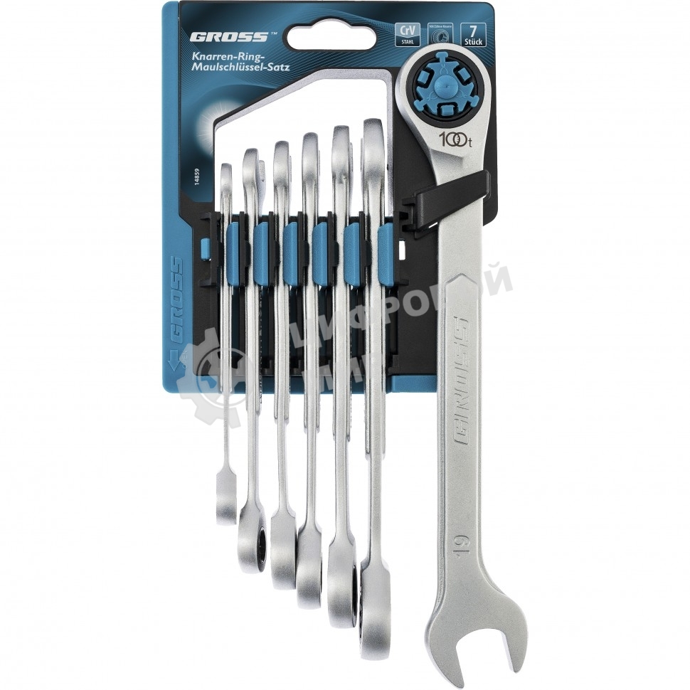 Набор ключей комбинированных Gross 14859 трещоточных, СRV, 7 шт -8 19 мм