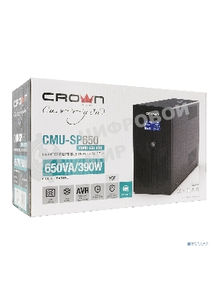 Источник бесперебойного питания CROWN Line Intractive CMU-SP650EURO LCD USB 650VA\390W, корпус металл, 1x12V/7AH, розетки 2*EURO+3*IEC, трансформатор AVR 140-290V, LCD-дисплей, съемный кабель 1.2 м, порт RJ11/45, порт USB, защита: от перегрузки, от КЗ, от скачков напражения