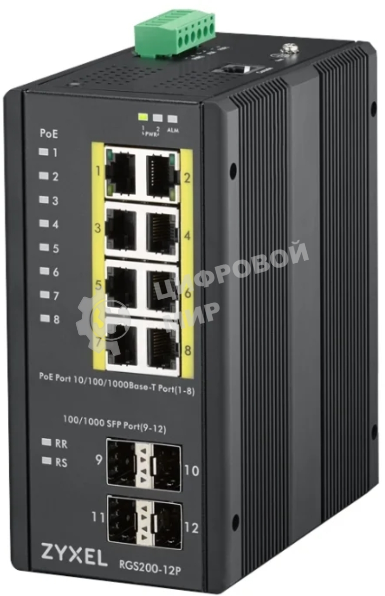 Коммутатор ZYXEL RGS200-12P, 12 Port managed PoE Switch, 240 Watt PoE, DIN Rail, IP30, 12-58V DC
