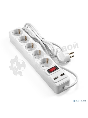 Сетевой фильтр-удлинитель с USB зарядкой ExeGate SP-5-USB-1.8W (5 евророзеток с заземлением, 2 USB-A 2A, 1.8 м, защита от перегрузки, выключатель с подсветкой, белый)