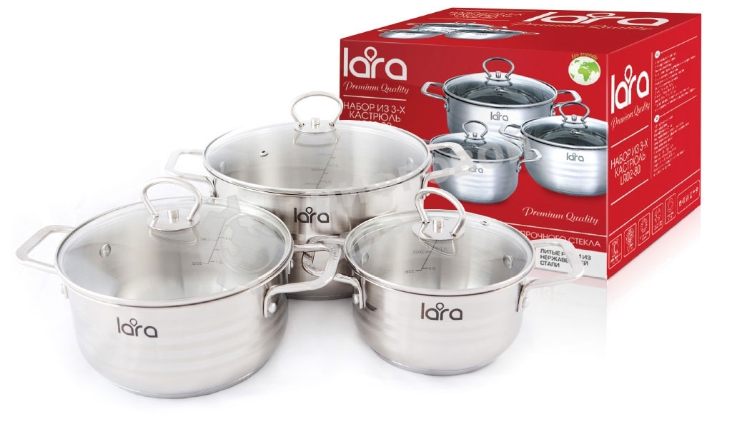 Набор кастрюль Lara LR02-80 Standart (1.8 л + 3.1 л + 5.7 л) капсулированное индукционное дно, крышки