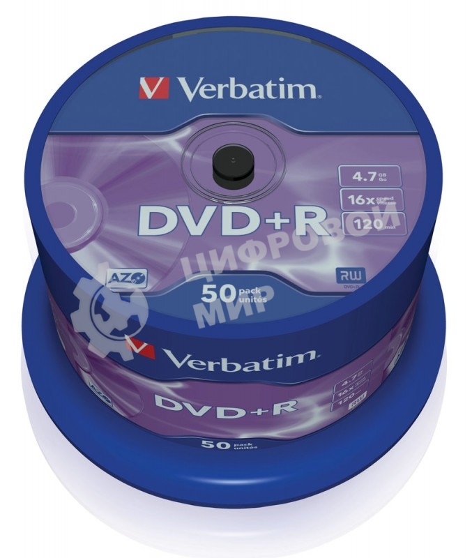 Диск DVD+R Verbatim 4.7Gb 16x Cake Box (50шт) (43550)