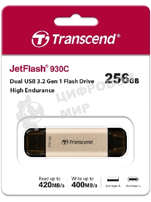 Флешка USB Transcend JETFLASH 930C (TS256GJF930C), 256Mb, USB 3.2 Type-C/Type-A, R/W 420/400, золотистый/черный