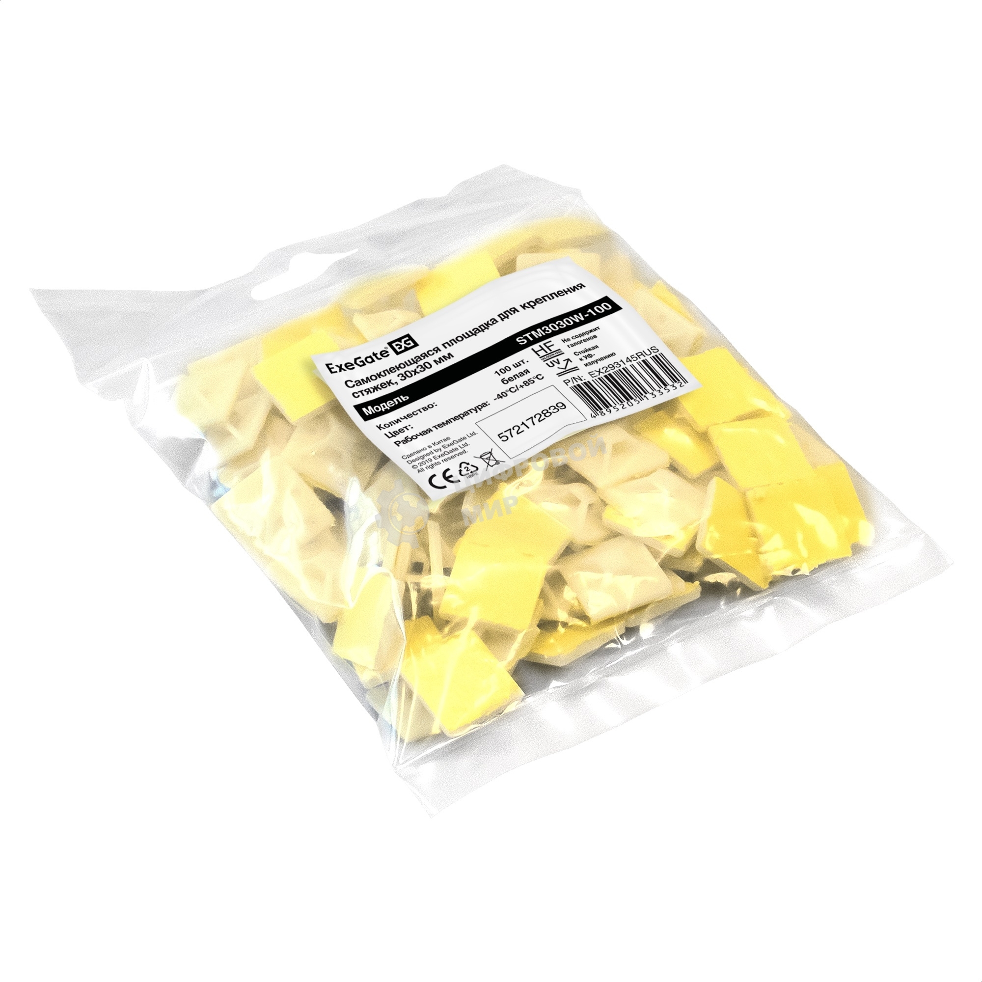 Самоклеющаяся площадка для крепления стяжек ExeGate EX293145RUS STM3030W-100 (30х30 мм, halogen free, -40°C - +85°C, белая, 100 шт)