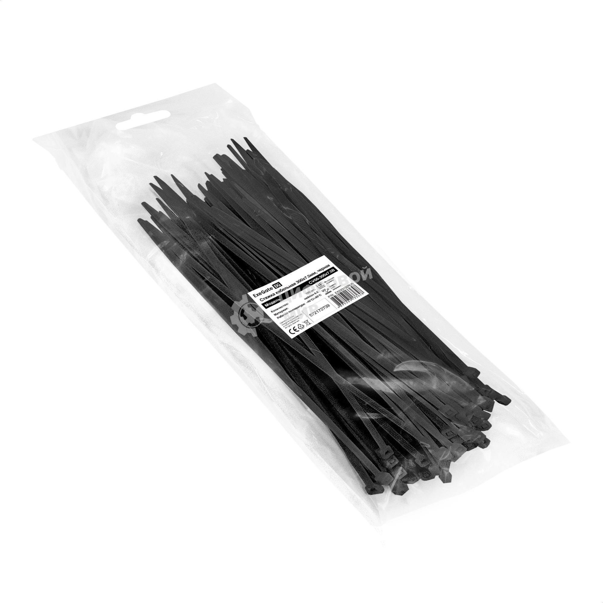 Стяжка (хомут) нейлоновая ExeGate EX293132RUS CV66-300x7.5B (нейлон 6.6, 300x7.5 мм, неоткрывающаяся, halogen free, -40°C - +85°C, черная, 100 шт)