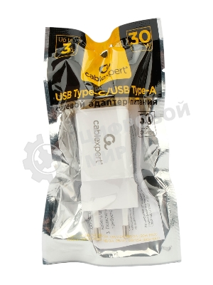 Сетевое зарядное устройство Cablexpert MP3A-PC-42, 30Вт, быстрая зарядка QC3.0/PD, 2 порта: USB и Type-C, белый, пакет
