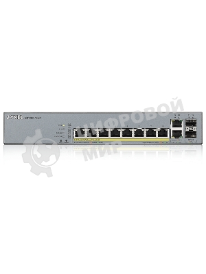 Коммутатор Zyxel GS1350-12HP, 10xGE (8xPoE+), 2xSFP, бюджет PoE 130 Вт, дальность передачи питания до 250 м, автоперезагрузка PoE-портов, повышенная защита от перенапряжений и электростатических разрядов