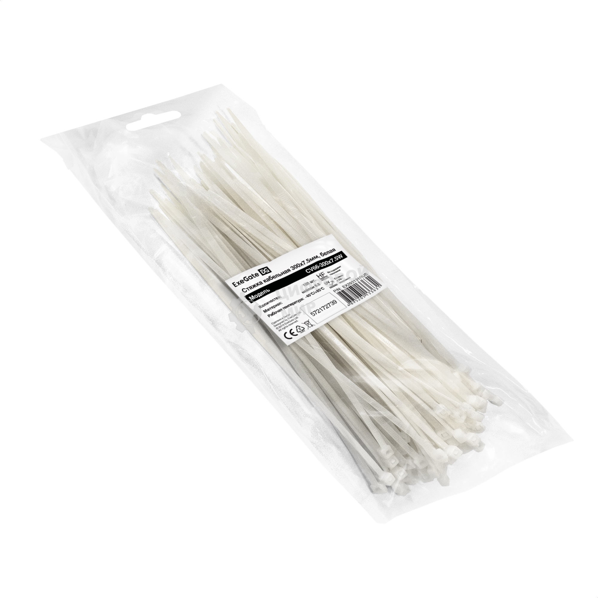 Стяжка (хомут) нейлоновая ExeGate EX293131RUS CV66-300x7.5W (нейлон 6.6, 300x7.5 мм, неоткрывающаяся, halogen free, -40°C - +85°C, белая, 100 шт)