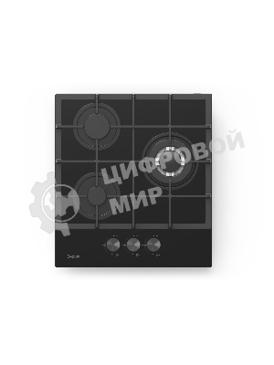 Газовая варочная панель Evelux HEG 425 BG Hi-Tech, 45 см, 3 конфорки, WOK-конфорка, чугунные решетки, газ-контроль, электроподжиг, механическое управление, черный