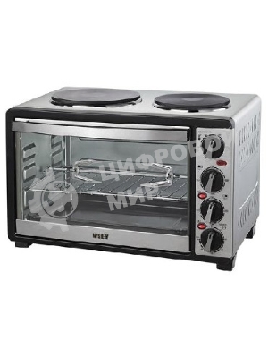 Мини-печь Mystery MOT-3330 (нержавеющая сталь, 1500 Вт, 2 конфорки, гриль, съемный вертел)