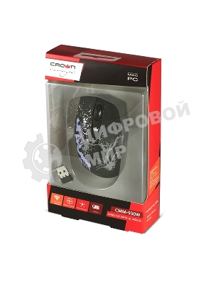 Мышь беспроводная Crown CMM-930W черный, 1600 dpi, радиоканал, USB, кнопки - 4