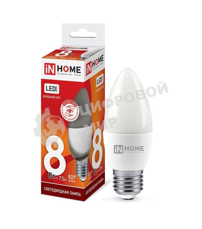 Лампа светодиодная LED-СВЕЧА-VC 8Вт 230В E27 6500К 720лм IN HOME 4690612024820