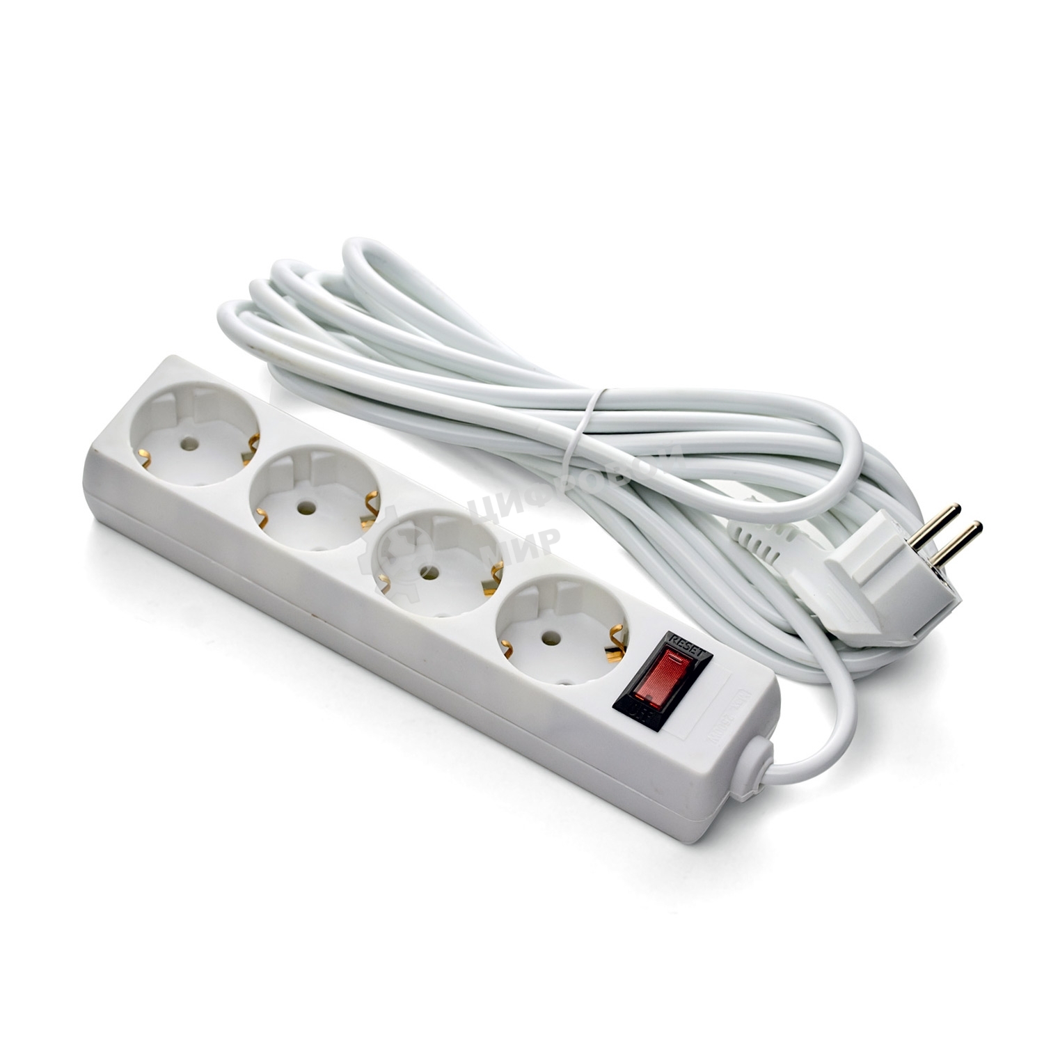 Удлинитель ExeGate EC-4-3W (EX279400RUS), белый, 3 м, евровилка с заземлением, 4 евророзетки с заземлением, 2200 Вт