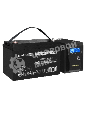 Комплект источника бесперебойного питания Exegate EX295986RUS + батарея 100Aч EX282985RUS 1шт (инвертор, синус, для котла) ExeGate SineTower SZ-600.LCD.AVR.1SH <600VA/360W, чистый синусоида, LCD дисплей, AVR, 1*Schuko, линейно-интерактивный, Black> + батарея ExeGate DT 12100 (12В, 100Ач) 1шт