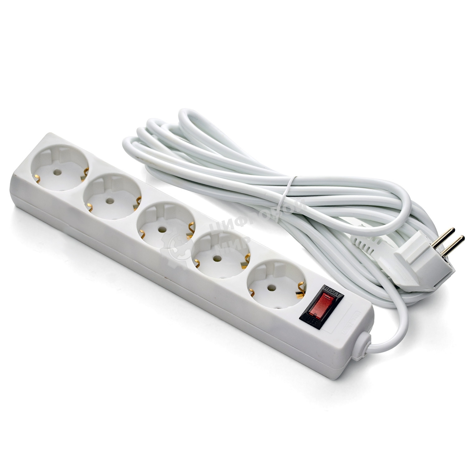 Удлинитель ExeGate EC-5-1.8W (EX279361RUS), белый, 1,8 м, евровилка с заземлением, 5 евророзеток с заземлением, 2200 Вт