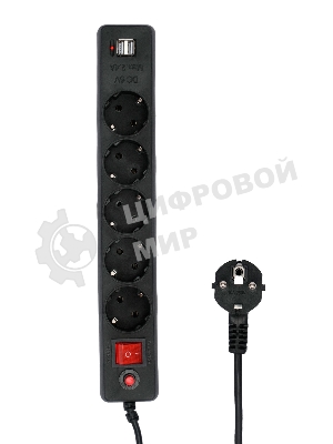Сетевой фильтр Гарнизон 5 р, 10А, 2xUSB, 1.8 м, ур.защиты 4, черный, пакет