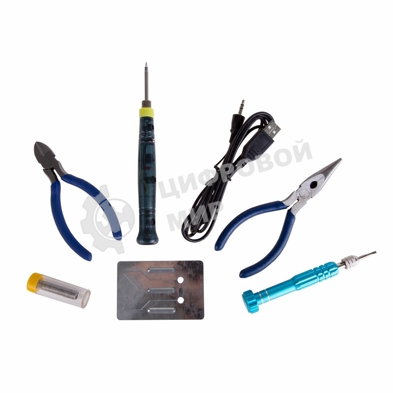 Набор для пайки Rexant (USB паяльник 8 Вт, кусачки, тонкогубцы, подставка, припой, отвертка)