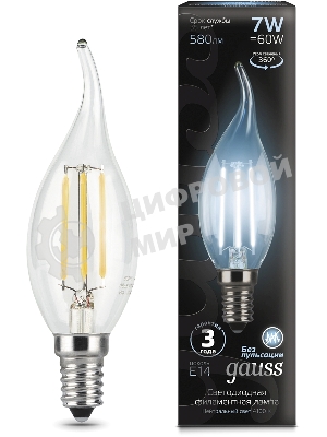 Лампа светодиодная Gauss LED Filament Свеча на ветру E14 7W 580lm 4100К 1/10/50