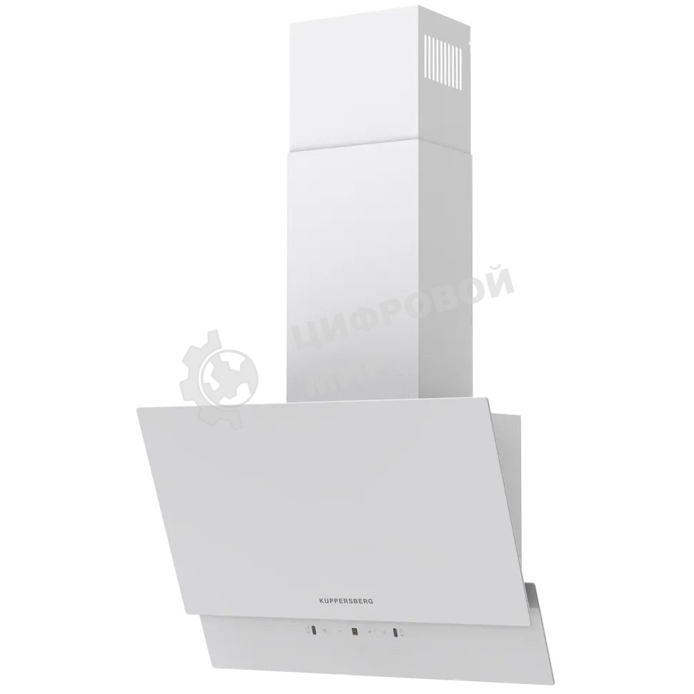 Наклонная вытяжка Kuppersberg F 603 W, 60 см, High-Tech, таймер, макс. производительность 850 м3/ч, 3 скорости, обратный клапан, сенсорное управление, дисплей, LED освещение, уровень шума 53 дБ, белый