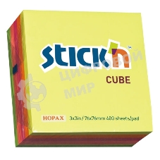 Блок самоклеящийся бумажный Stick`n 21012 76x76 мм, 400 листов, 70 г/м2, неон, 5 цветов в упаковке