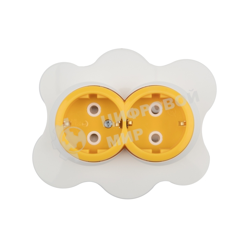Розетка двойная Kranz HAPPY Яичница скрытой установки, с заземлением и защитными шторками, желтая/белая