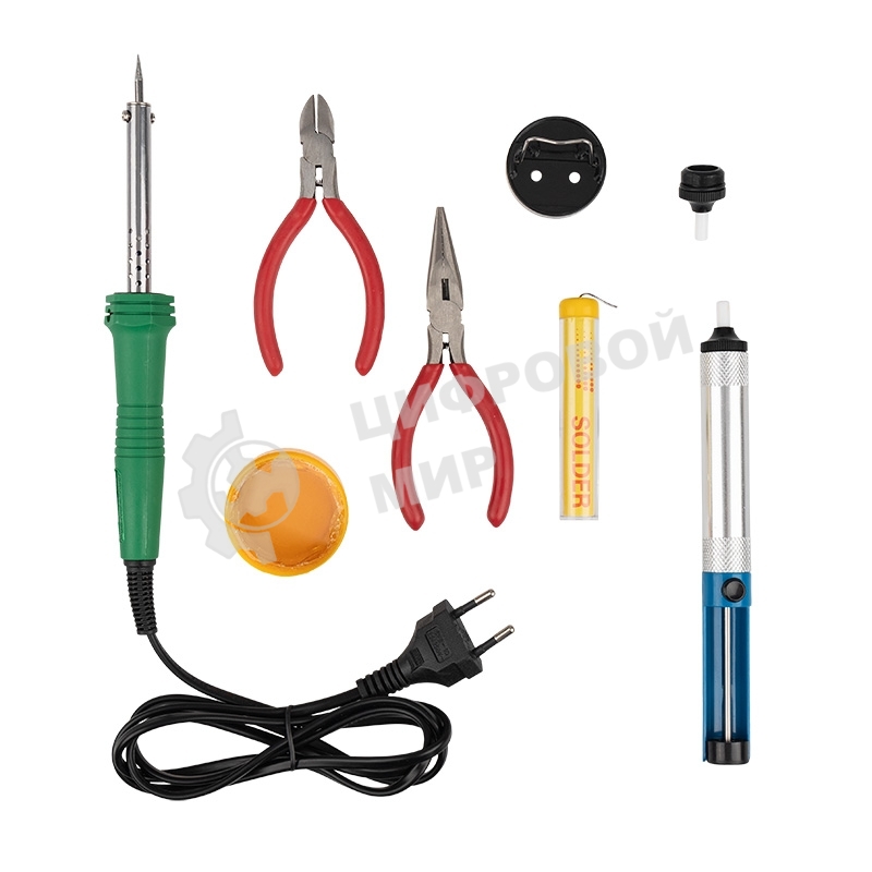 Набор для пайки Rexant №13 (паяльник 30Вт, подставка, канифоль, припой, бокорезы, тонкогубцы)