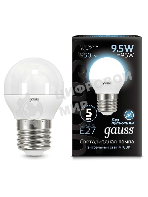 Лампа светодиодная Gauss 9.5Вт цок.: E27 шар 220B 4100K св. свеч. белый нейт. P45 (упак.: 10 шт) (105102210)
