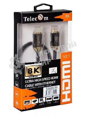 Кабель HDMI 19M/M,ver. 2.1, 8K@60 Hz 0.5m метал разъемы, нейлоновая оплетка Telecom TCG300-0.5M Кабель HDMI 19M/M,ver. 2.1, 8K@60 Hz 0.5m метал разъемы, нейлоновая оплетка Telecom
