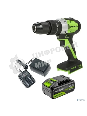 Дрель-шуруповерт ударная аккумуляторная Greenworks GD24DD60 24V, бесщеточная, 30/60Нм,1х4Ач,ЗУ,кор 3704107CUB