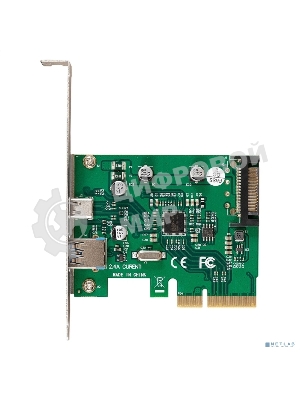 Контроллер ExeGate EXE-320-1A1C (PCI-E x4 v3.0, USB3.2 Gen2 1xType-A + 1xType-C ext., SuperSpeed+ скорость до 10 Гбит/с, разъем доп.питания, ASMedia Chipset ASM1142)