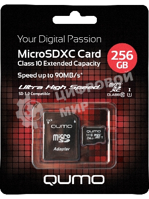 Карта памяти QUMO MicroSDXC 256 GB UHS-I, 3.0 , адаптер в комплекте SD, R/W 90/20 MB/s черно-красная картонная упаковка