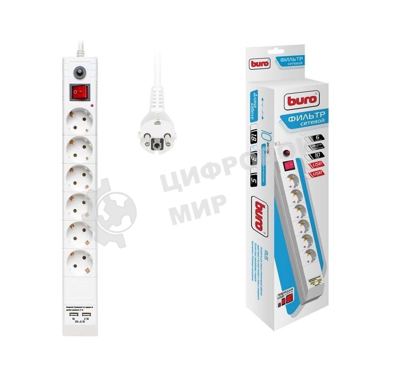 Удлинитель с сетевым фильтром 6х3 м с заземл. 10А IP20 BU-SP3 USB 2A-W CCA 3х0.75 белый BURO 992311