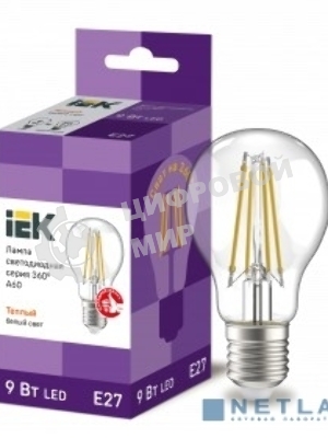 Лампа cветодиодная LED A60 шар прозр. IEK LLF-A60-9-230-40-E27-CL 9Вт 230В 4000К E27 серия 360°
