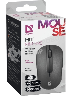 Мышь беспроводная Defender Hit MM-495 черный, 1600 dpi, радиоканал, USB, кнопки - 3