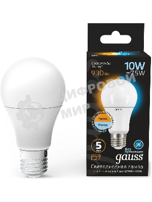 Лампа светодиодная Gauss A60 10Вт цок.: E27 груша 220B св. свеч. белый теп. (упак.: 10 шт)