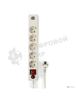 Сетевой фильтр Гарнизон 5 р, 10А, 2xUSB, 1.8 м, ур.защиты 4, белый, пакет