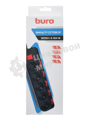 Сетевой фильтр Buro 500SH-3-SW-B 3 м, 5 розеток, черный, коробка