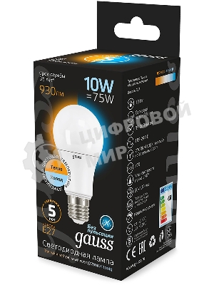 Лампа светодиодная Gauss A60 10Вт цок.: E27 груша 220B св. свеч. белый теп. (упак.: 10 шт)