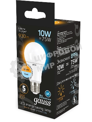 Лампа светодиодная Gauss A60 10Вт цок.: E27 груша 220B св. свеч. белый теп. (упак.: 10 шт)